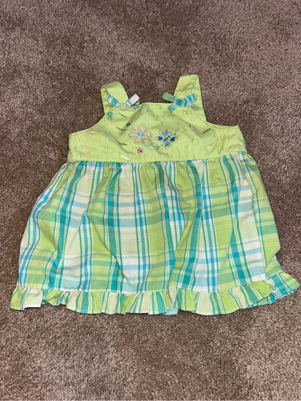 Y2K Girls' Fisher-Price Green Plaid Sundress with Embroidered Bodice